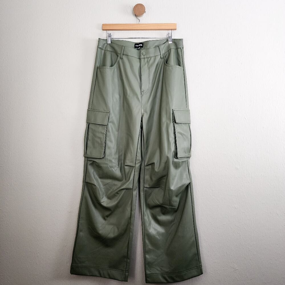 NWOT Steve Madden Green Faux Leather High Rise Wide Leg Cargo Pants Large